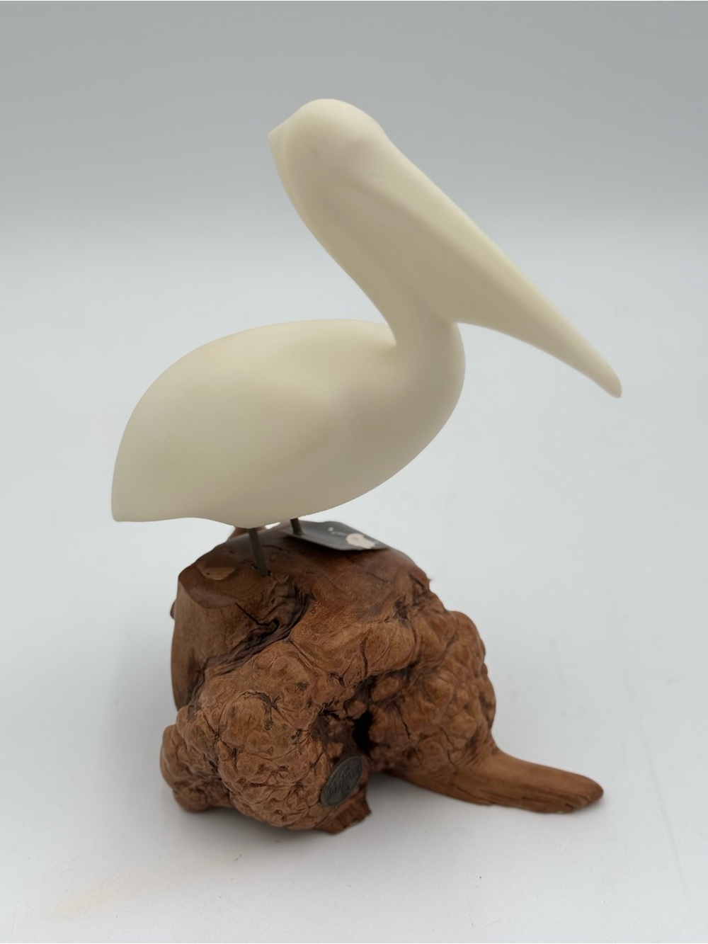 Vintage Authentic John Perry Pelican Bird On Burl Wood Statue Sculpture